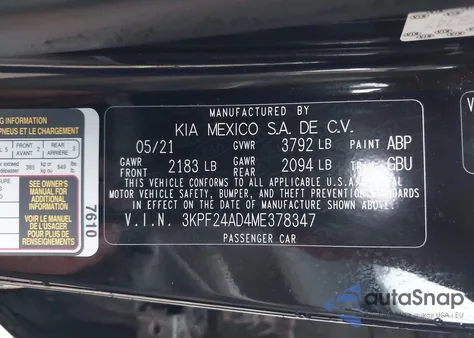 2021 Kia Forte Lxs z USA, uszkodzony, nr VIN 3KPF24AD4ME378347